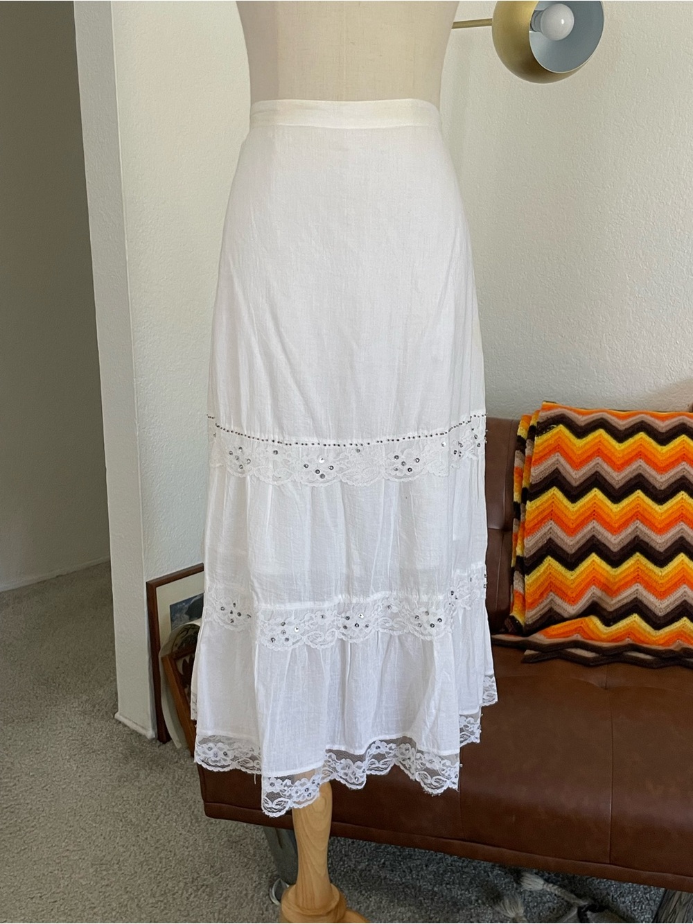 Y2K 1990s Bb Jeans Boho Fairy Lace Beaded Tier Midi Skirt
